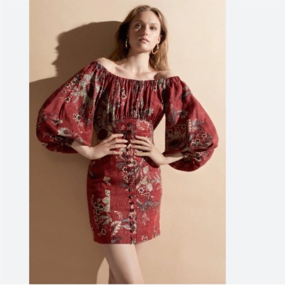 Zimmermann Juno Off-The-Shoulder Floral Print Linen Mini Dress size 0